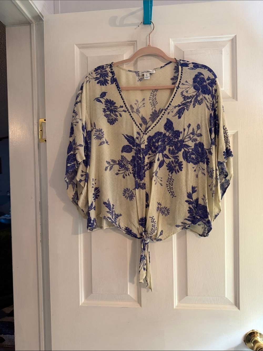 JohnPaulRichard Cream Floral V-Neck Tie-Front Blouse with Blue Print